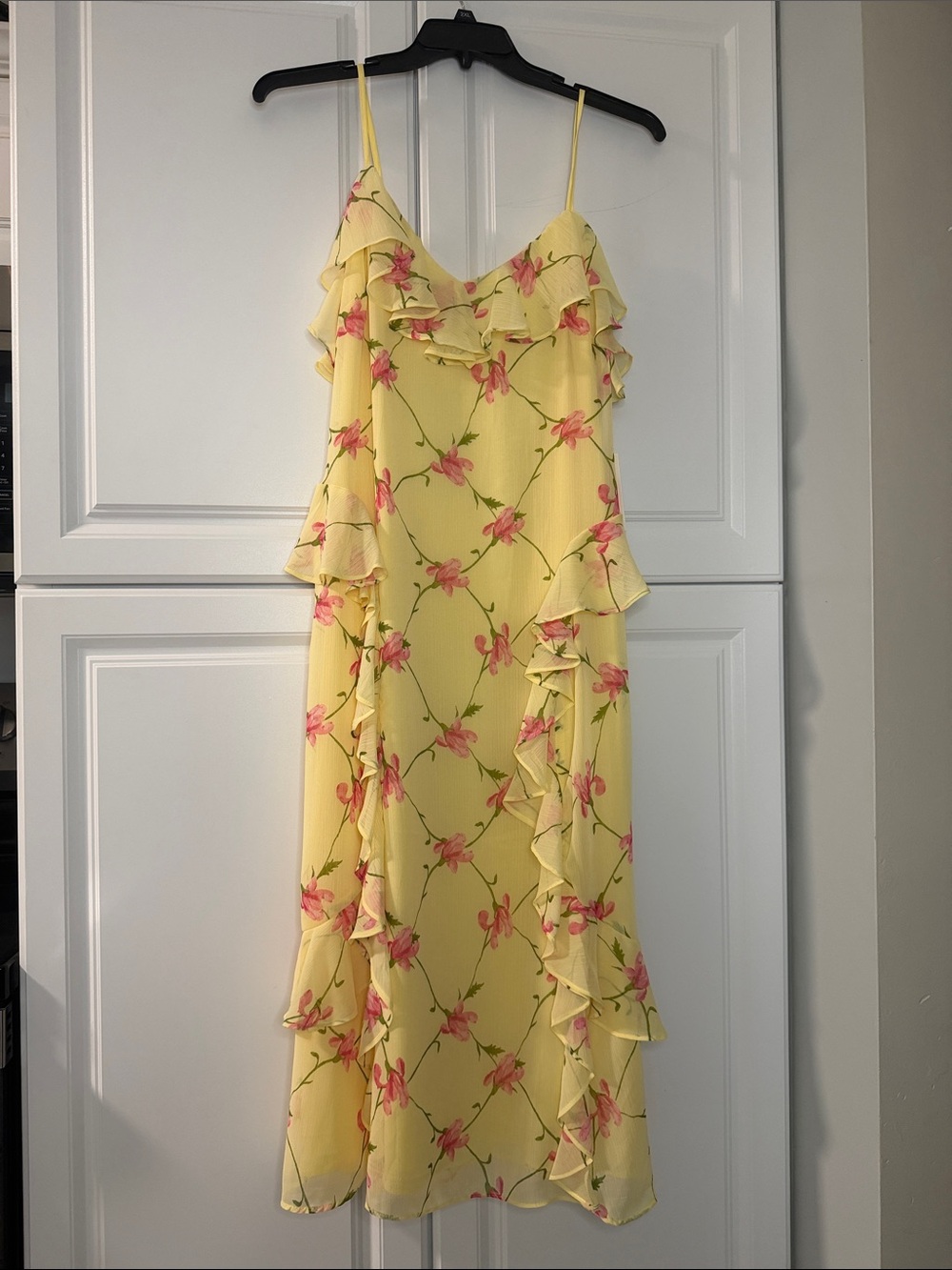 CeCe Yellow Midi Dress with Pink Floral Ruffle Details